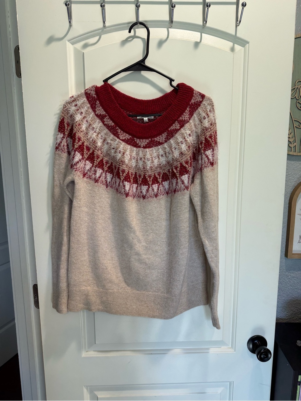 Maurices Cream Crewneck Sweater with Red Fair Isle Yoke